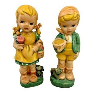 Boy and Girl Ceramic Figurines w/ Pig & Bunny Rabbit 8" Tall Hollow